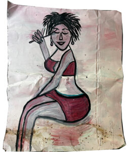 painting on sheet metal of a woman getting ready to go out by Grenadian artist Doliver Morain